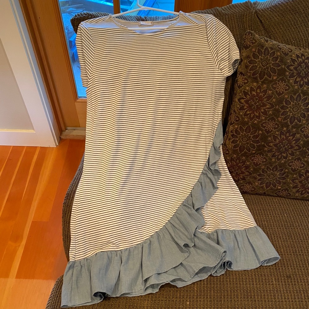 Striped dress with blue fabric at the bottom